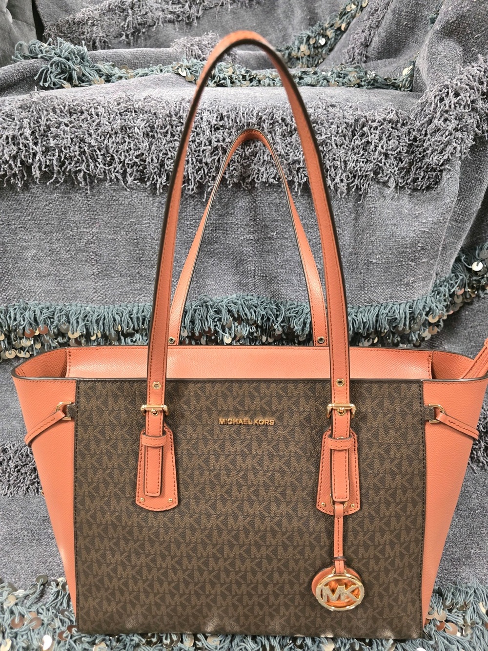 Michael Kors Brown & Coral MK Logo Satchel
